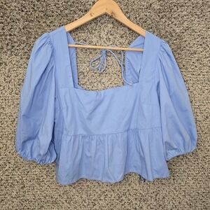 Abercrombie & Fitch Top Womens Medium Blue‎ Square Neck Puff Sleeve Blouse Tie